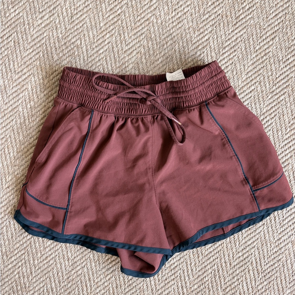 Women's Burgundy Drawstring Workout Running Shorts with Black Trim Size Small - Picture 2 of 5